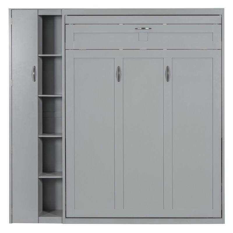 Full/Queen Size Murphy Bed Wall Bed with LED Lights and Storage Cabinet, Foldable Murphy Cabinet Bed with Open Storage Shelves