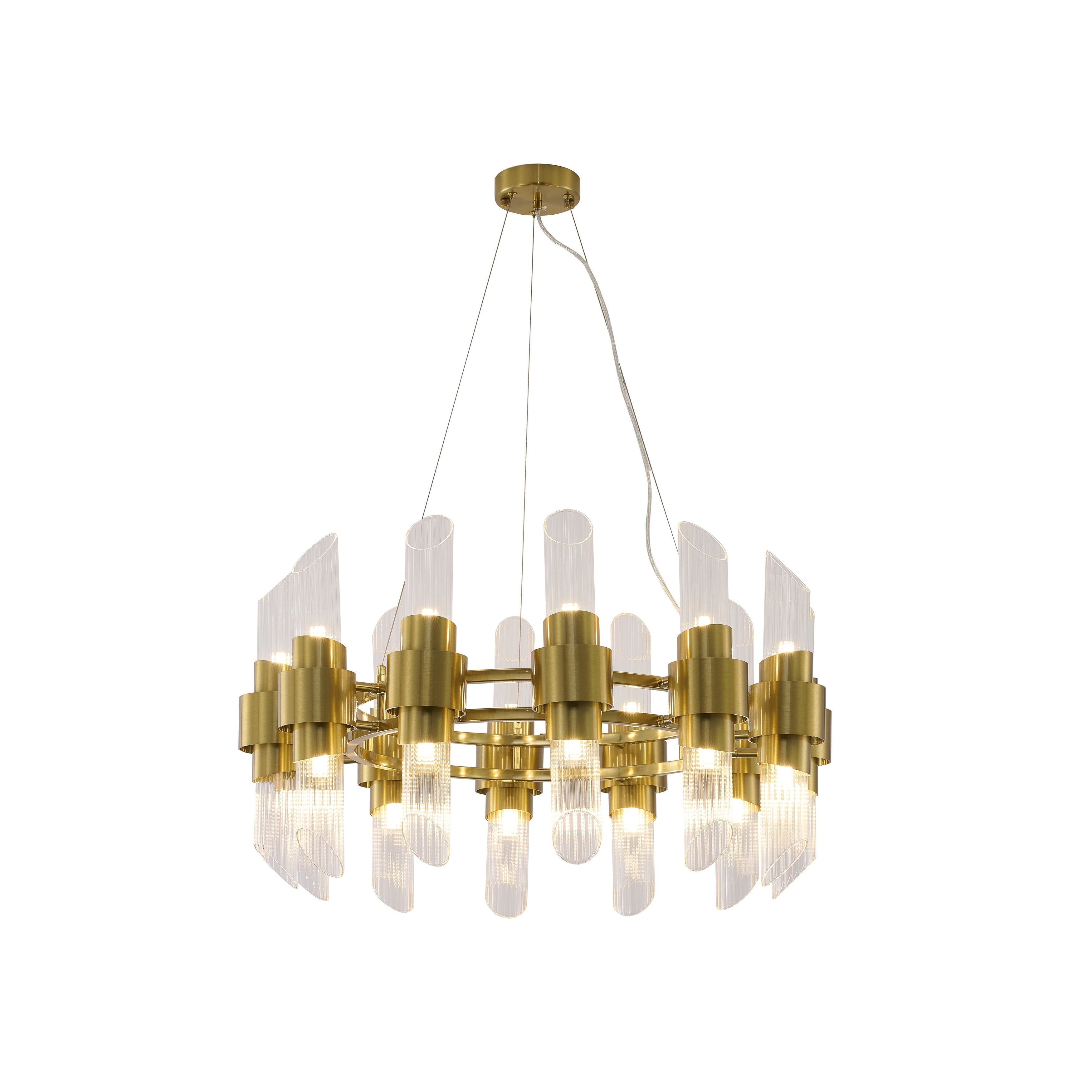 Transitional 24-Light Satin Brass Iron Chandelier With Glass Shades