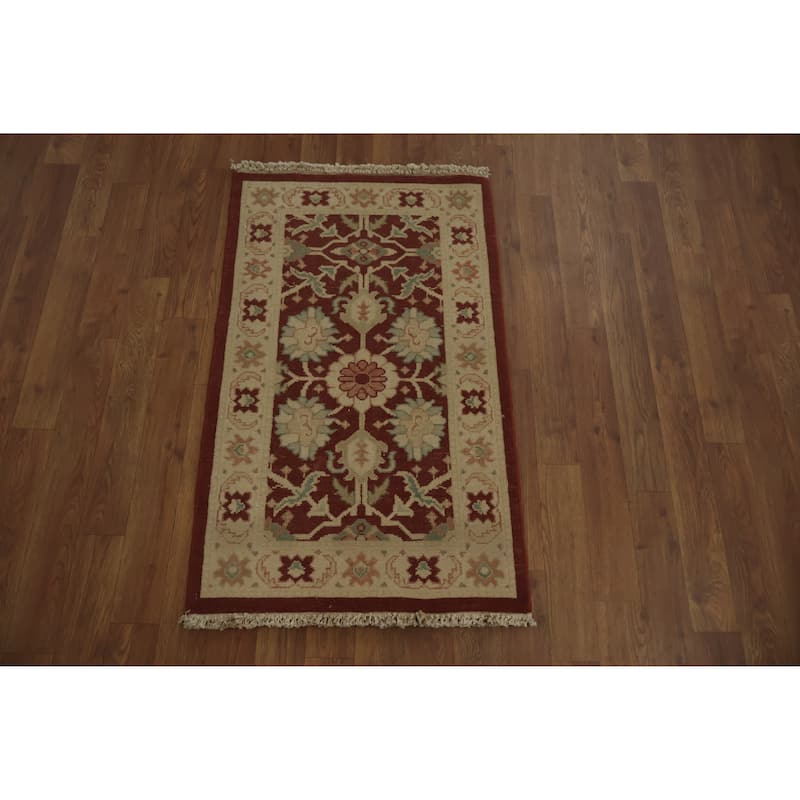 Hand Knotted Oriental 100% Wool Carpet Traditional All-Over Red Ziegler Area Rug - 3' 2'' X 1' 11''