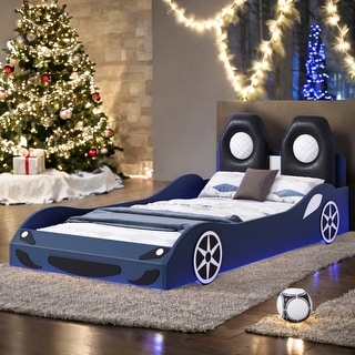 Blue Wood Twin Size Race Car Bed Platform Bed with LED and Upholstered Backrest