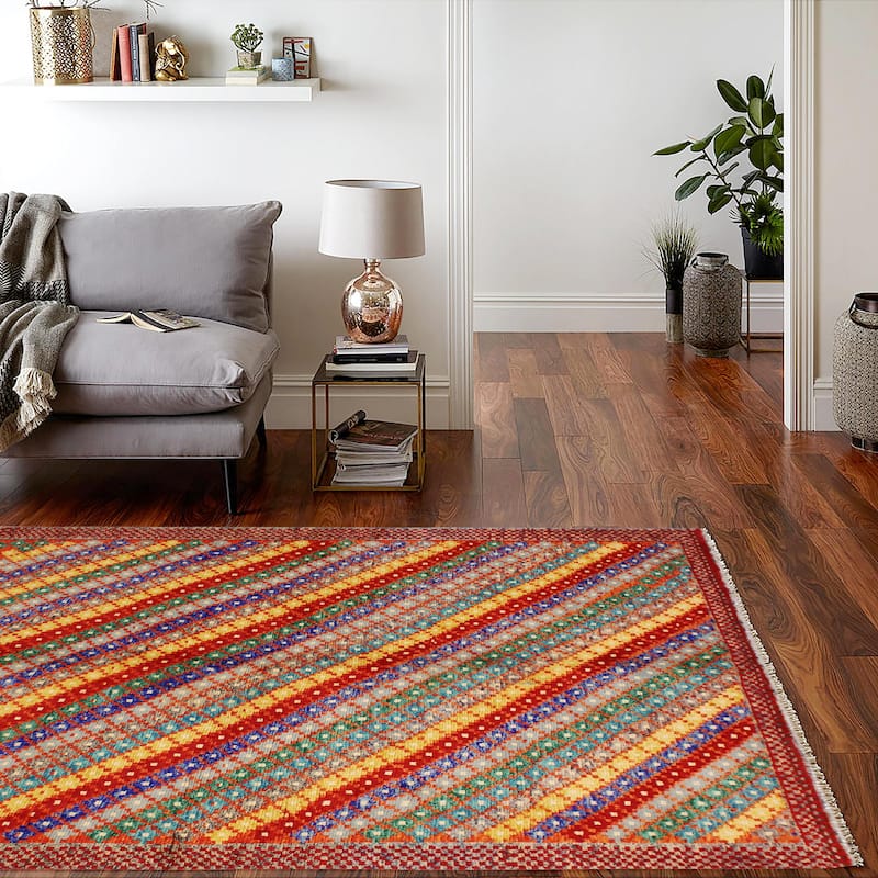 Modern Balochi Abbott Orange/Blue Hand Knotted Wool Rug - 5'1'' x 6'7''
