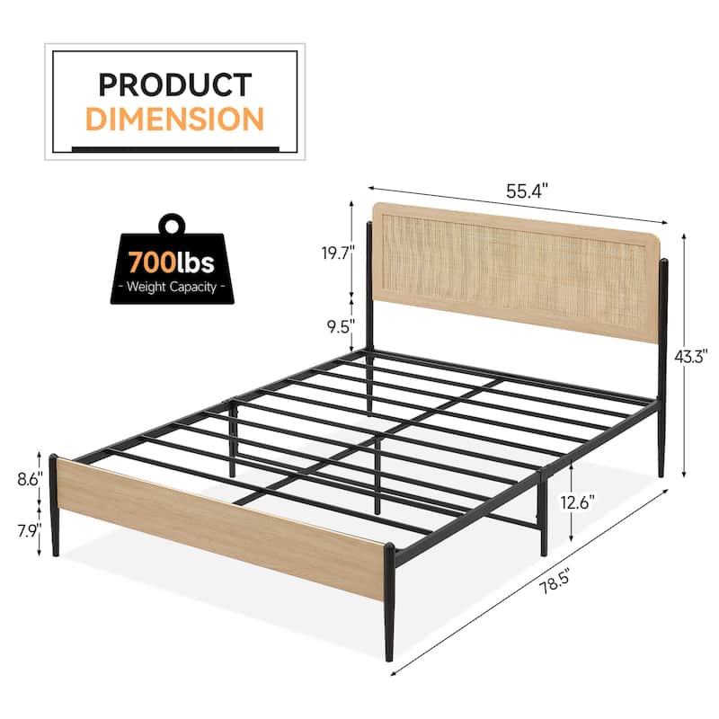 Metal Bed Frame with Curved Natural Rattan Headboard, No Box Spring Needed
