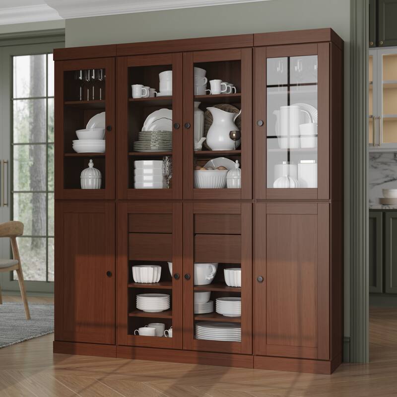 Palace Imports 100% Solid Wood 65" Pantry Cabinet with Clear Glass, Shaker Doors, 2-Drawers and Adjustable Shelves - Mocha