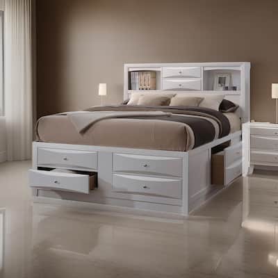 8 Drawer Eastern King Bed with Bookcase Headboard and Round Knobs, White