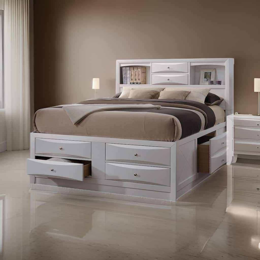 8 Drawer Eastern King Bed with Bookcase Headboard and Round Knobs, White