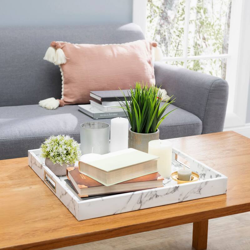 White Marble Tray With Stainless Steel Handles - 18" x 18"