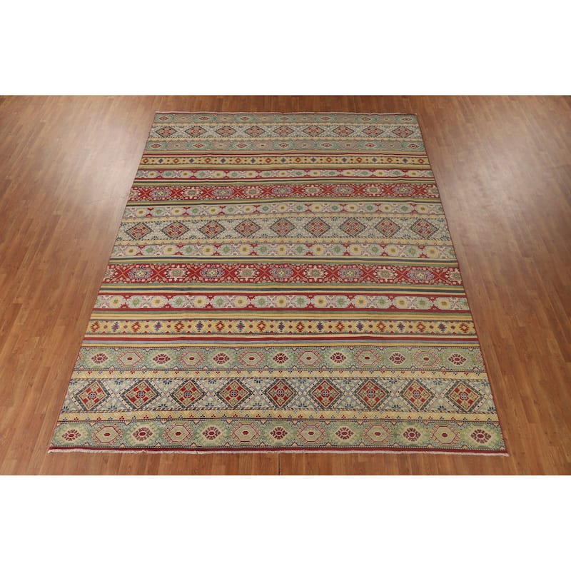 Striped Kazak Area Rug Handmade Wool Carpet - 9'9"x 12'3"