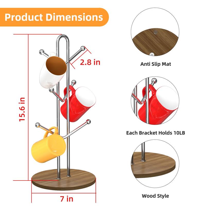Mug Holder with Wood Base and 6 Hooks, Kitchen Coffee Mug Tree Countertop Tea Cups Holder Stand, Coffee Cup Dryer