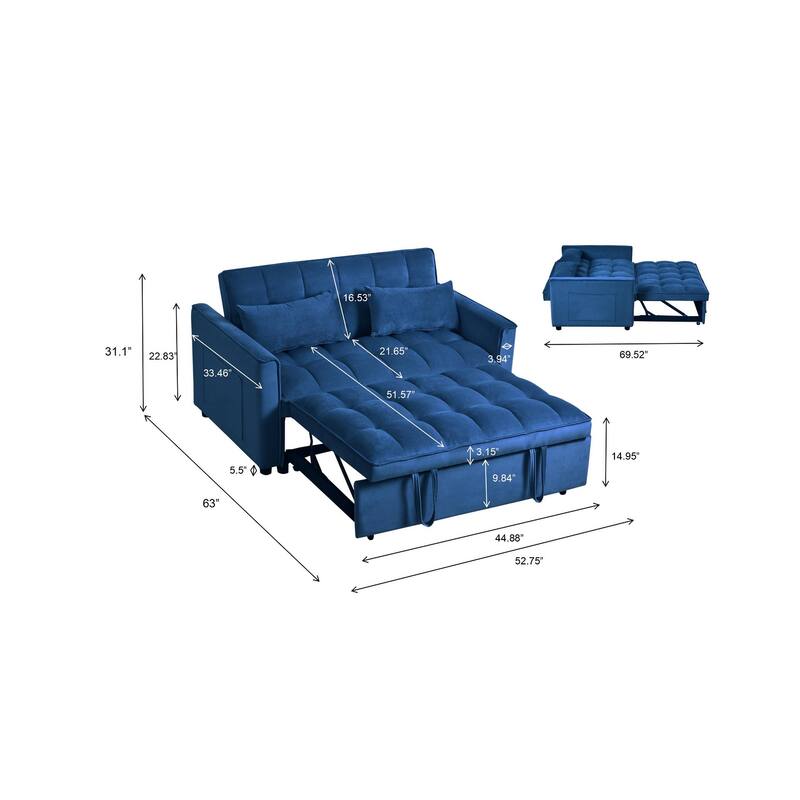 3 in 1 Convertible Sleeper Sofa Bed Pull Out Couch Adjustable Backrest Velvet Loveseat Futon Sofa with Pillows