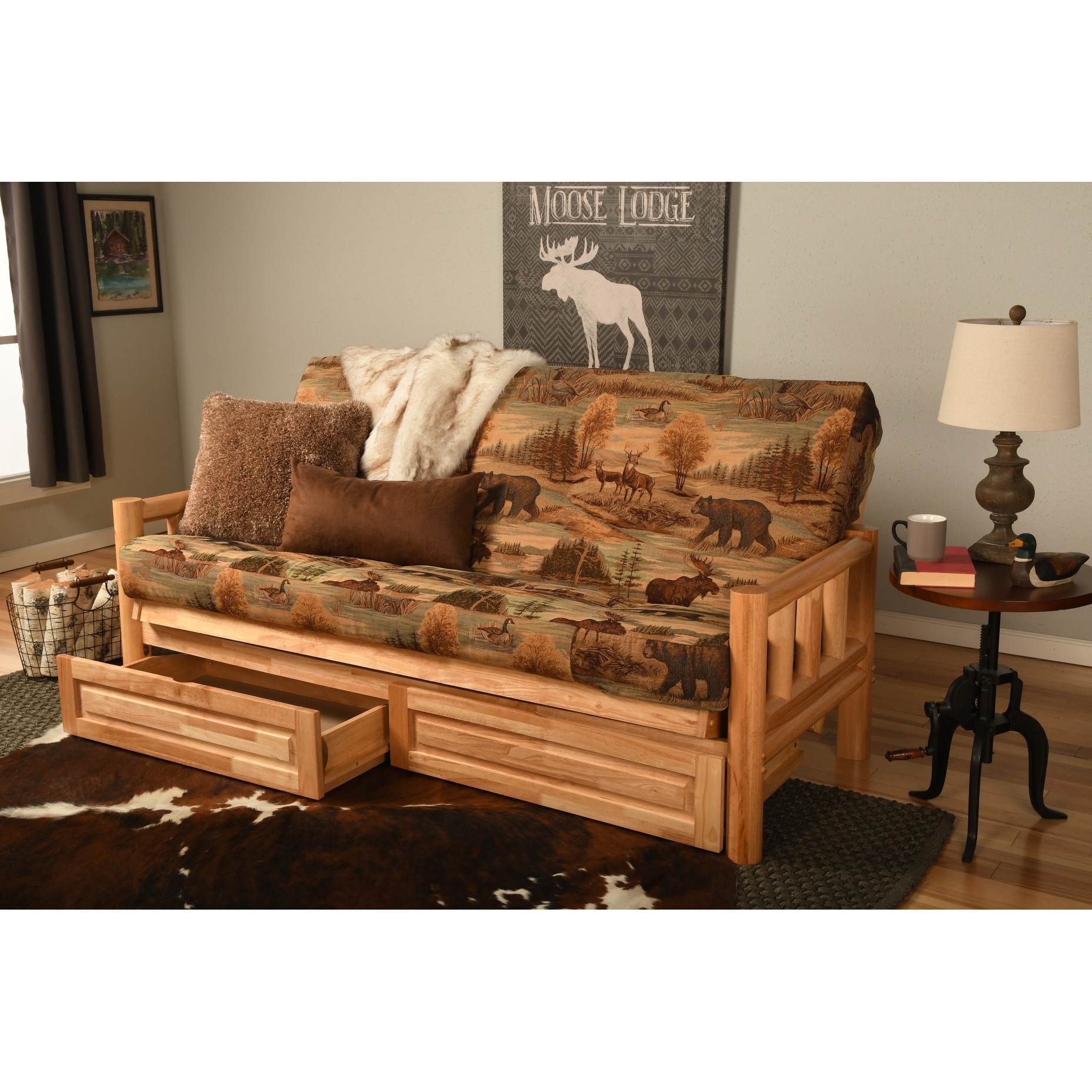 Somette Lodge Storage Futon Set in Natural Finish with Printed Mattress