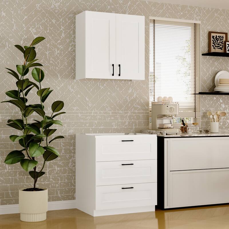 Modular White Kitchen Cabinet Set Customizable Base and Wall Cabinets Pantry Storage and DIY Countertop Design(Without desktop)