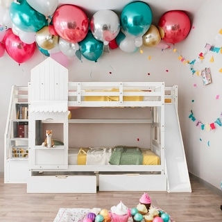 Kid-Friendly Design Full over Full Bunk Bed with 2 Drawers 3 Shelves and Slide