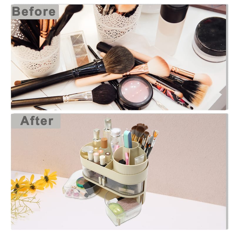 Rotating Makeup Organizer Three-Layer Cosmetic Storage for Vanity Holder Beige - 12.2"x5.51"x10.43"