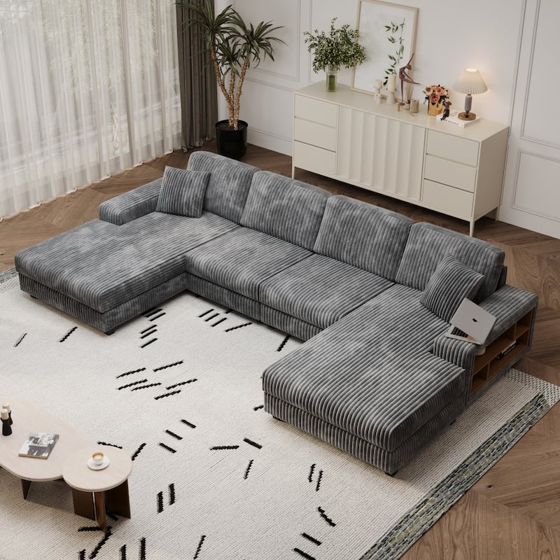 Modern Convertible U-shaped Wood Frame Sectional Sofa with Storage Armrests