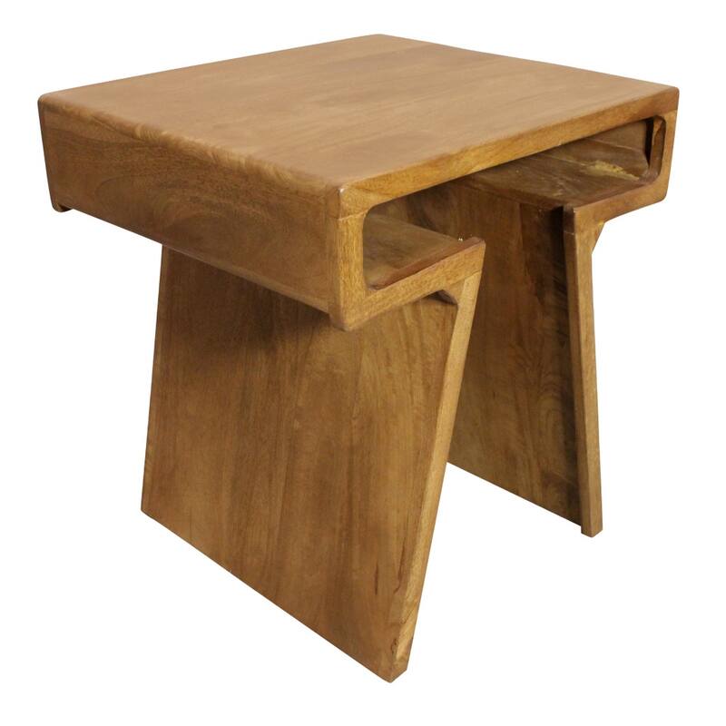 HomeRoots Set of Two Walnut Distressed Solid Wood Pedestal Nested Tables - 21.00 in. x 22.50 in. x 18.00 in.