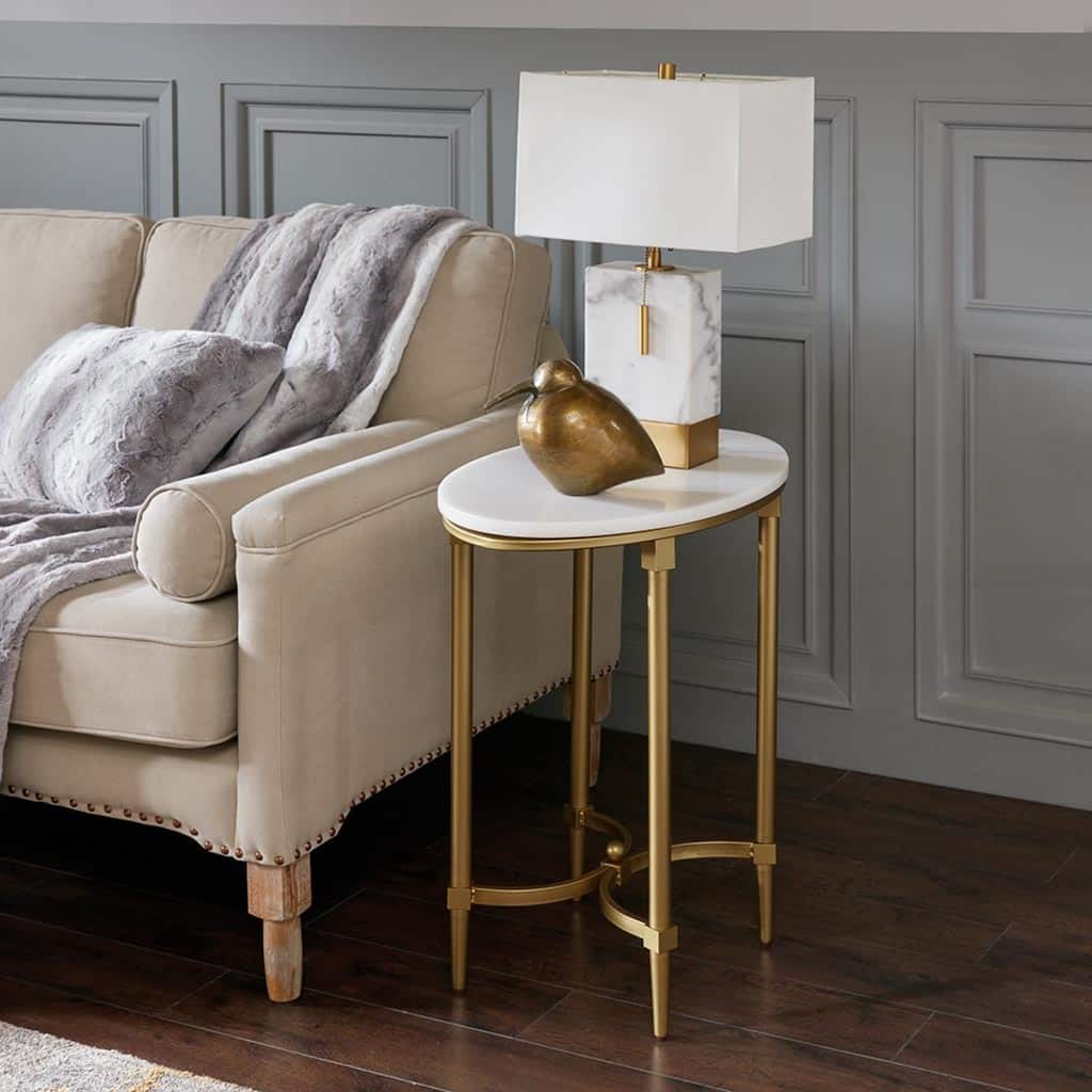 Roomfitters Bordeaux End Table, Round Marble Side Table with Gold Metal Frame for Living Room or Office, White Gold