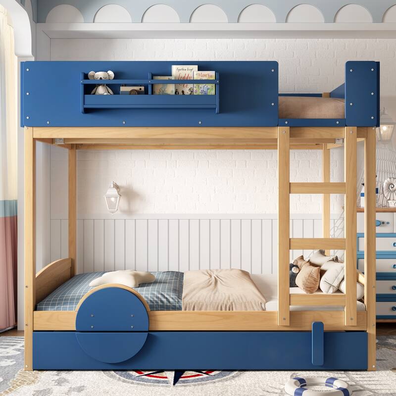 Kids Bed Wooden Bunk Bed with Trundle and Built-in Storage Bookshelves - Blue - Full