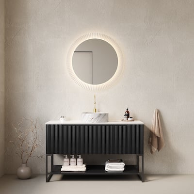 Vertical Stripe Black Bathroom Vanity with White Stone Pattern Round Ceramic Basin and Carrara White Sintered Stone Countertop