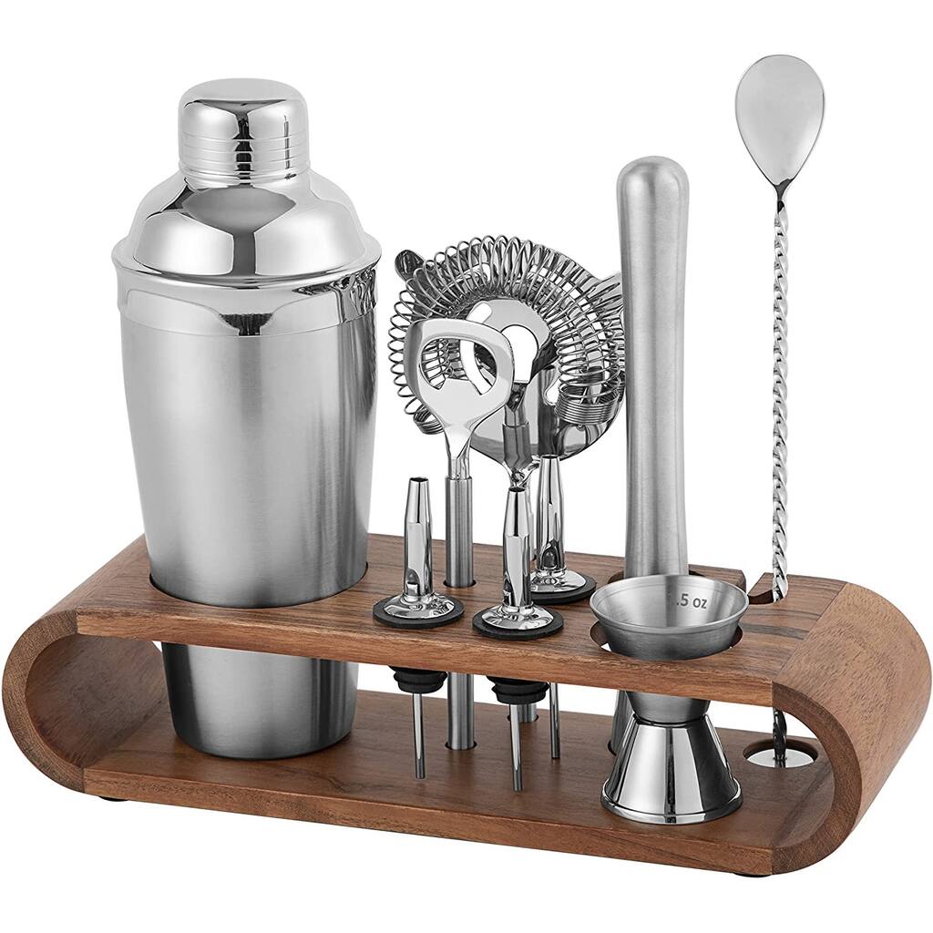 BirdRock Home 10 Piece Bartender Kit with Acacia Wood Stand