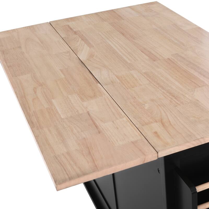 Wooden Kitchen Island with Rubber Drop-Leaf Countertop, Rolling Storage Cabinet wConcealed Sliding Barn Door & Adjustable Height