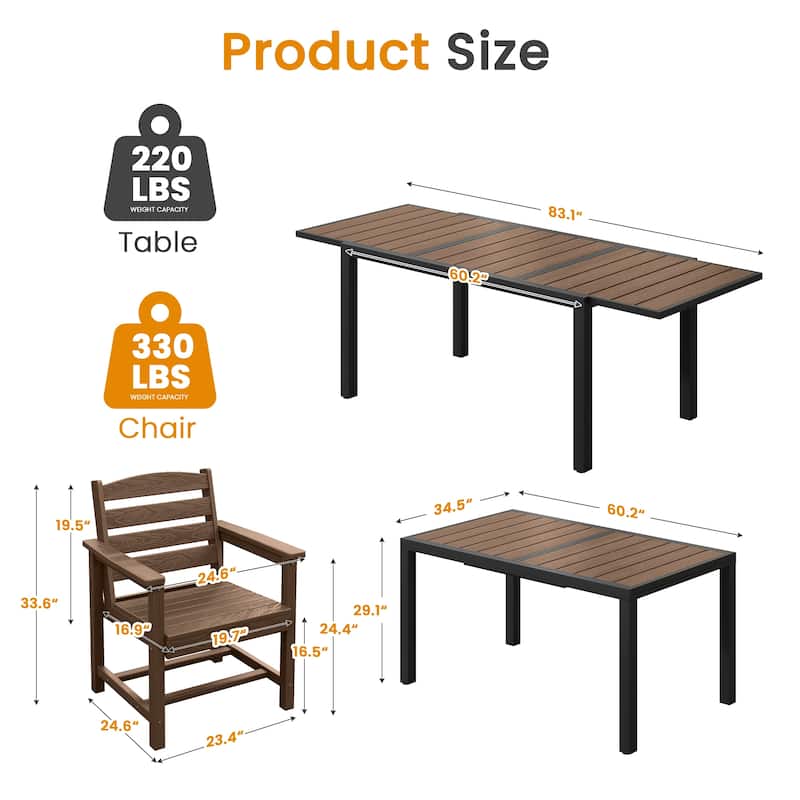 5-Piece HDPE Outdoor Extendable Dining Set with 4 Chairs – All-Weather Patio Furniture - N/A