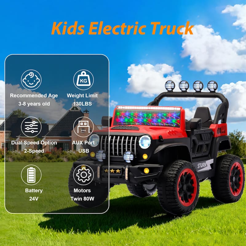 24V 2-Seater Kids Electric Ride-On with Remote Control, Red, 4WD & LED Lights - Red
