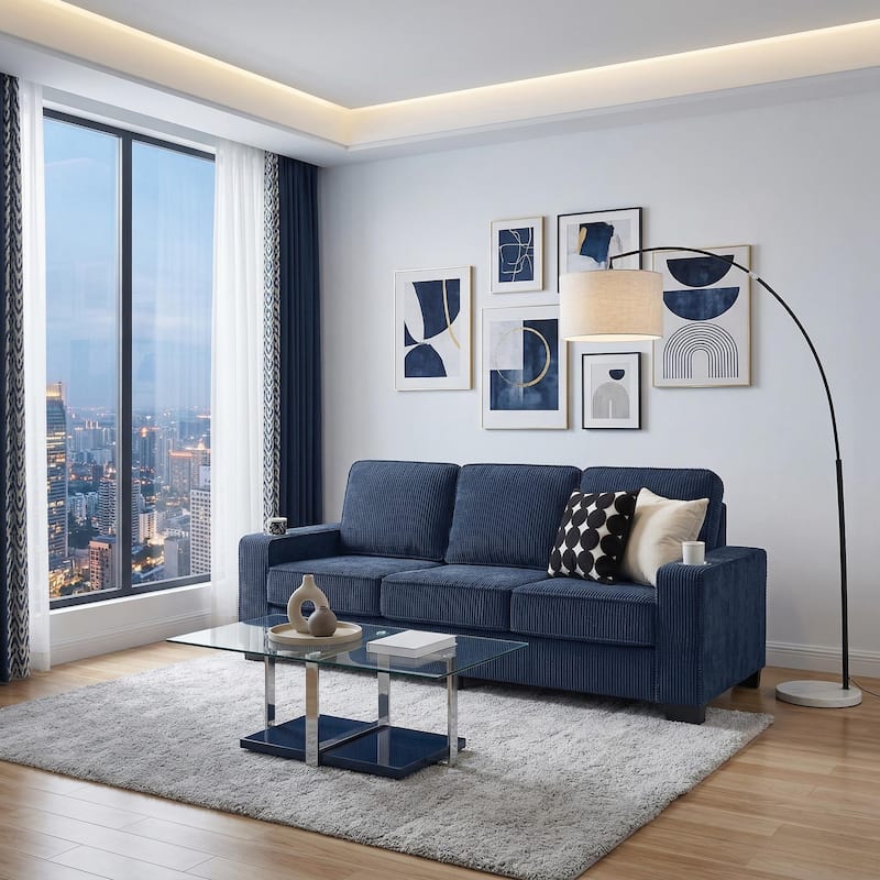 83.8'' Corduroy 3-Seat Sofa with Cup Holders, Modern Upholstered Couch, Compressed Living Room Sofa for Apartment Home Office - Co-Blue