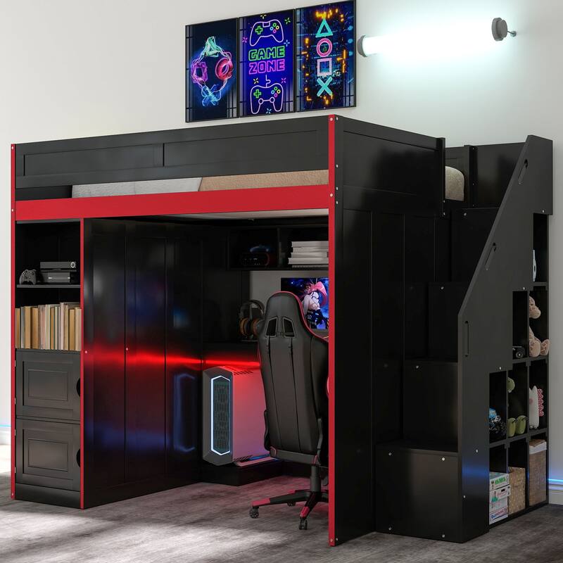 GDFStudio - GameZone Modern Wooden Gaming Loft Bed with Desk, Storage and LED Lighting