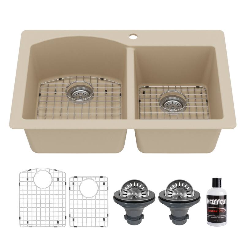 Karran Drop-In Quartz 33 in. 1-Hole 60/40 Double Bowl Kitchen Sink Kit - Bisque
