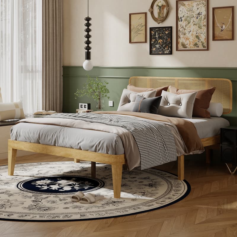 Solid Wood Bed Frame with Rattan Headboard - Natural Finish Platform Bed