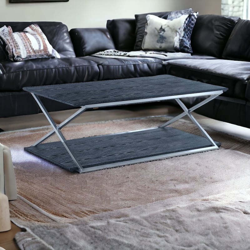 HomeRoots 51" Black And Silver Stainless Steel Coffee Table With Shelf - 51