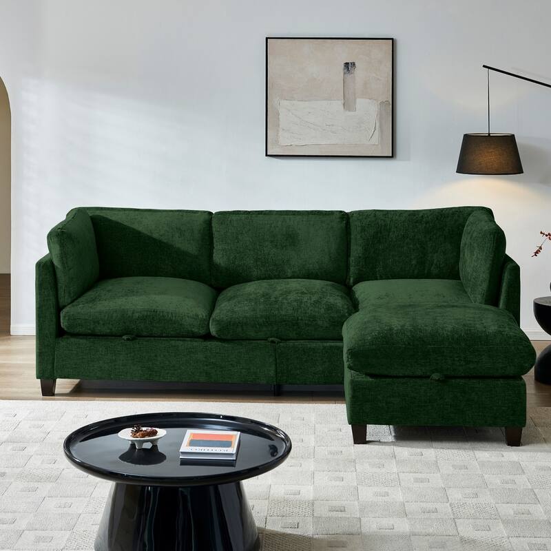 96.5" L-Shaped Chenille Sectional Sofa with Storage and Movable Ottoman - Green