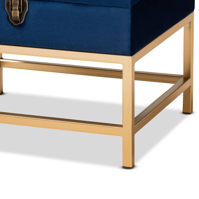 Aliana Glam and Luxe Velvet and Gold Metal Small Storage Ottoman