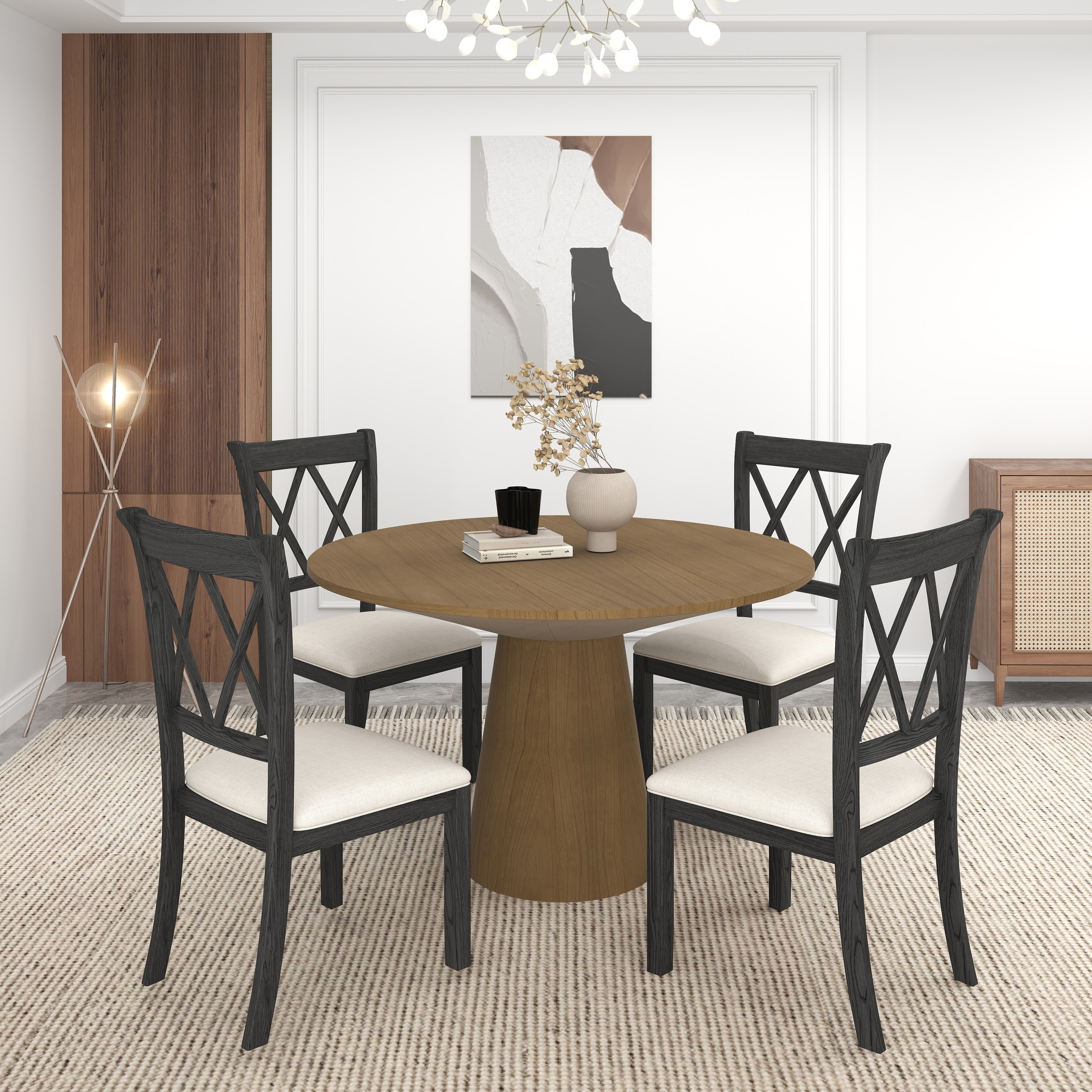 Roundhill Furniture Delta 5-Piece Round Dining Set, Pedestal Dining Table with 4 Cross-back Chairs