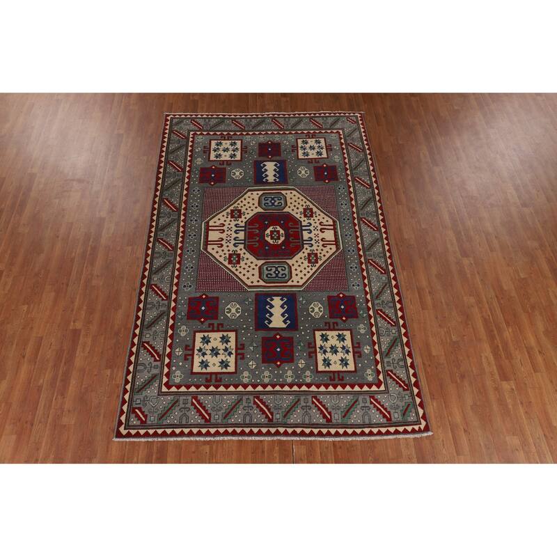 Geometric Gray Kazak Oriental Area Rug Handmade Wool Carpet - 6'4" x 10'0"