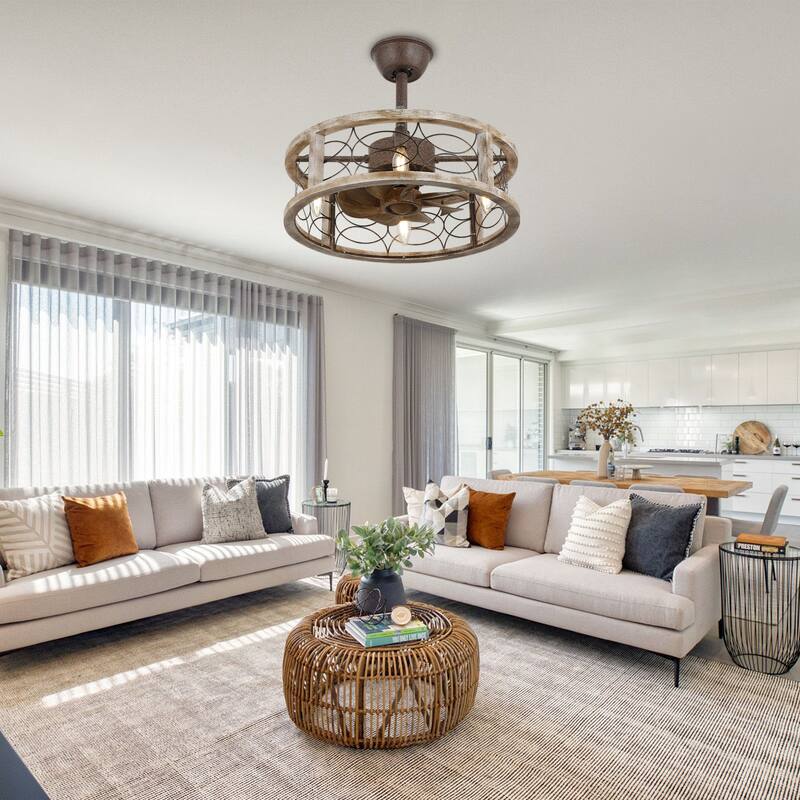 Oaks Aura 18" Farmhouse Solid Wood Reversible Ceiling Fan with Remote, Silent Motor 6-Speed Caged Ceiling Fan with Light