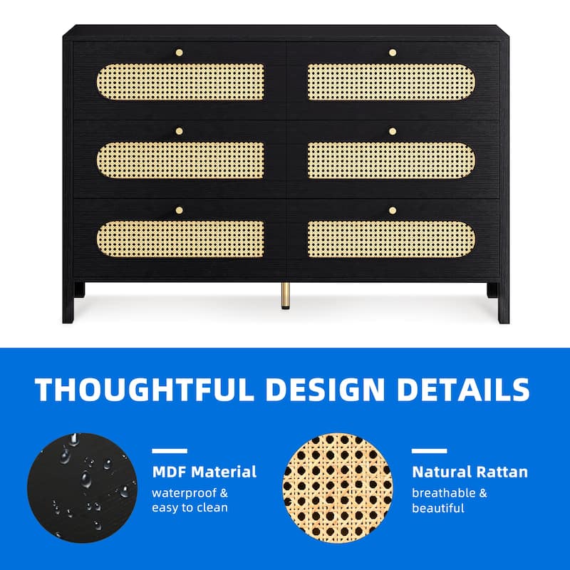 Moasis Rattan 6 Drawer Double Dresser Chest of Drawers Storage Cabinet