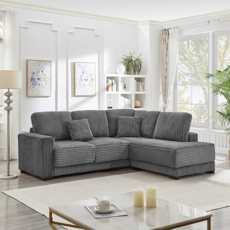 L-shaped Sectional Sofa with Reversible Chaise Lounge and Pillwo Corduroy Upholstered Couch with Removed Sofa Covers