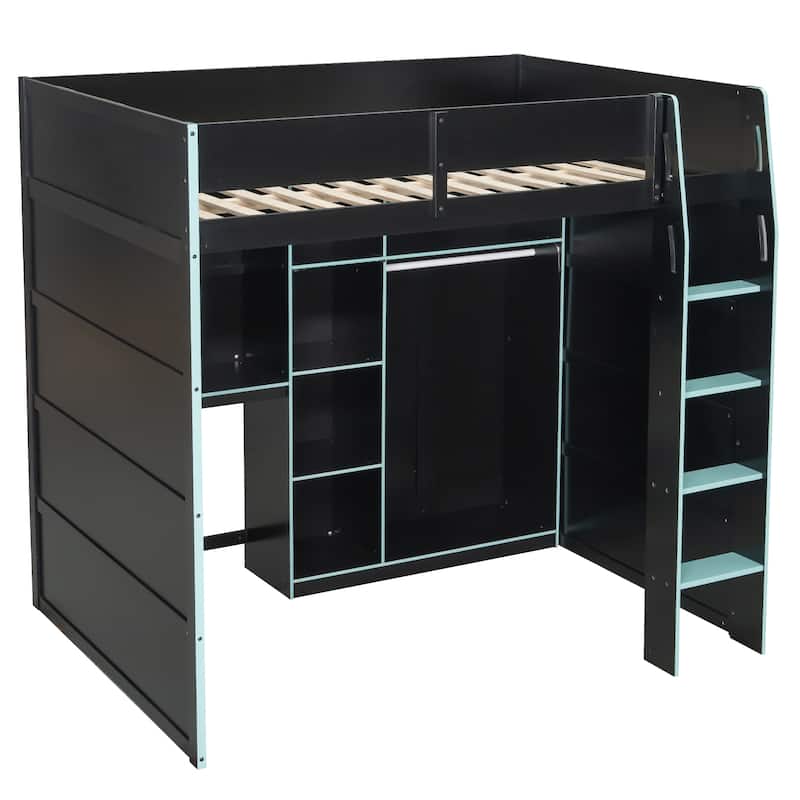 All-in-one Full Size Wood Loft Bed for Gaming & Workspace with Desk, Open Wardrobe, Storage Compartments and RGB Light Strip