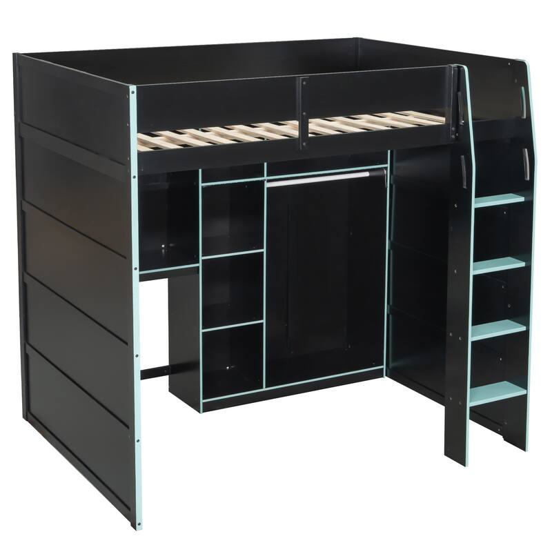 Wooden Storage Loft Bed with Shelves and Wardrobe, Full Size LED Loftbed Frame with Built In Desk