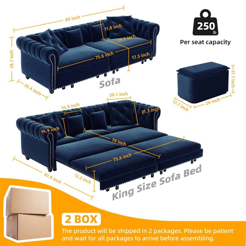89" Chesterfield Pull Out Sofa Bed - Velvet 3-in-1 Convertible Sleeper with Chaise & Ottoman, King Size Sleeper Sofa