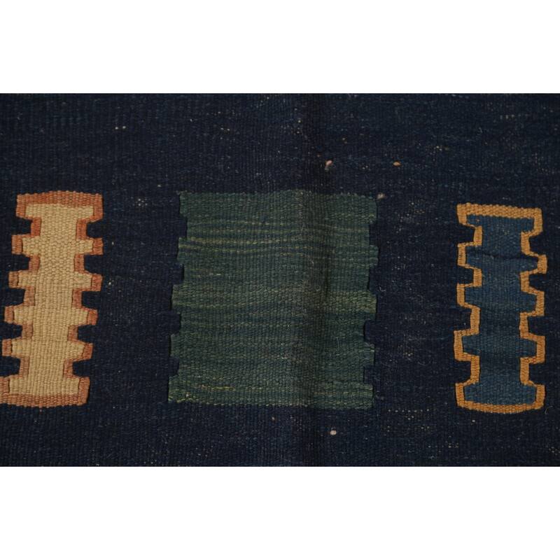 Navy Blue Kilim Persian Area Rug Flatweave Wool Carpet - 6'6"x 9'11"