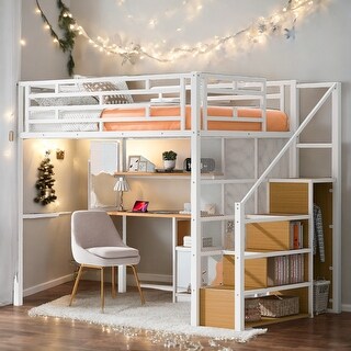 Full Size Metal Loft Bed with Storage Wardrobe and Staircase, Desk, Storage Shelves