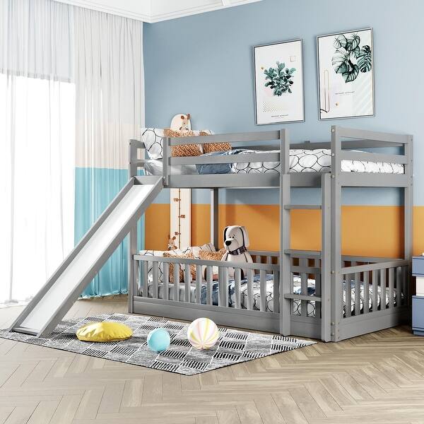 slide 2 of 49, Roomfitters Twin Over Twin Bunk Bed with Slide, Space-Saving Design, Sturdy Wooden Frame, Safety Guardrails Grey