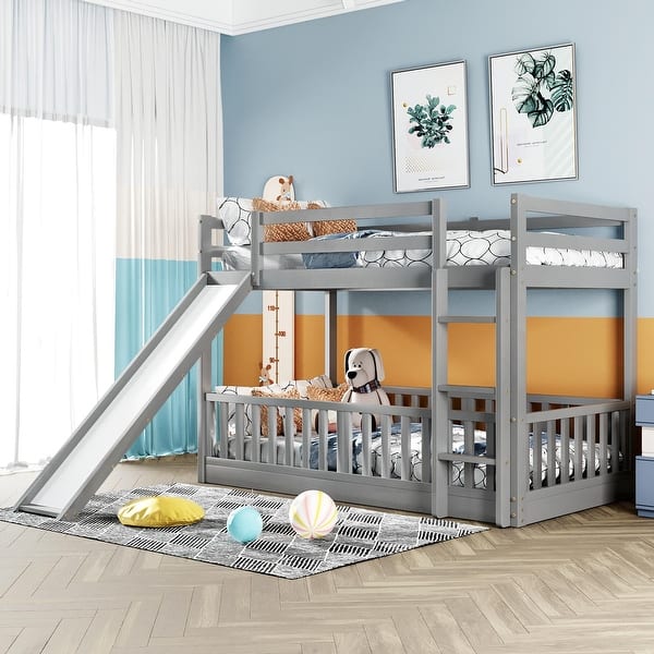 slide 2 of 9, Solid Wood Twin Over Twin Bunk Bed for Kids with Slide and Ladder, Low Floor Twin Bunk Beds with Safety Guardrails, Noise Free Gray - Twin