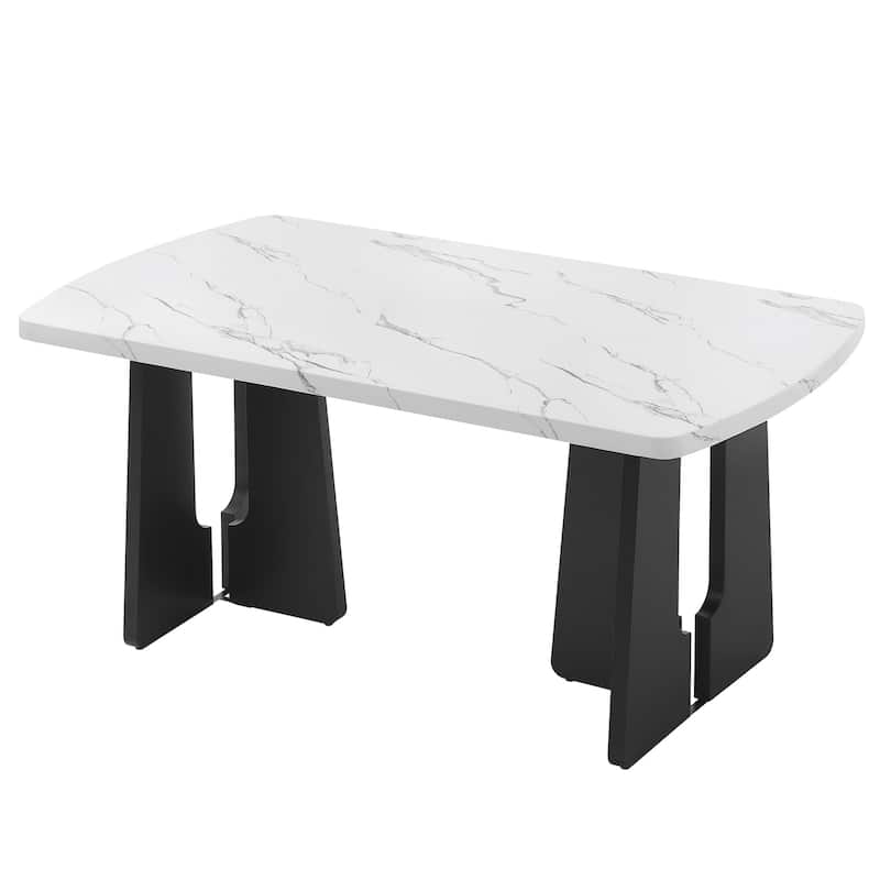 Roomfitters 63 Inch Faux Marble Dining Table, Modern Kitchen Table with Geometric Base, Large Rectangular Table