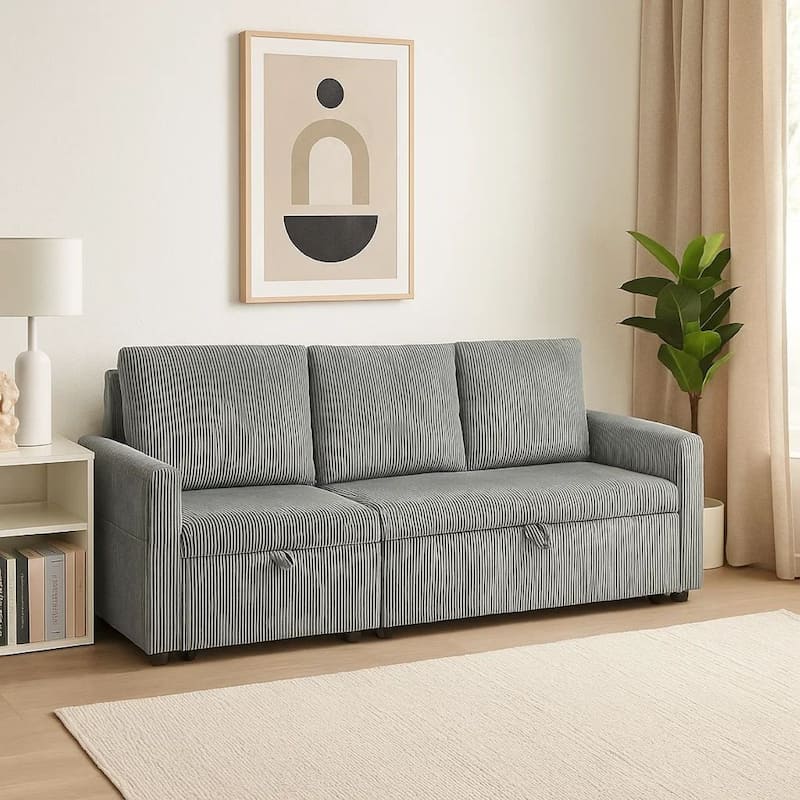 Swin Sofa w Pull Out Chaise and Storage, Gray Corduroy, 70 Inch