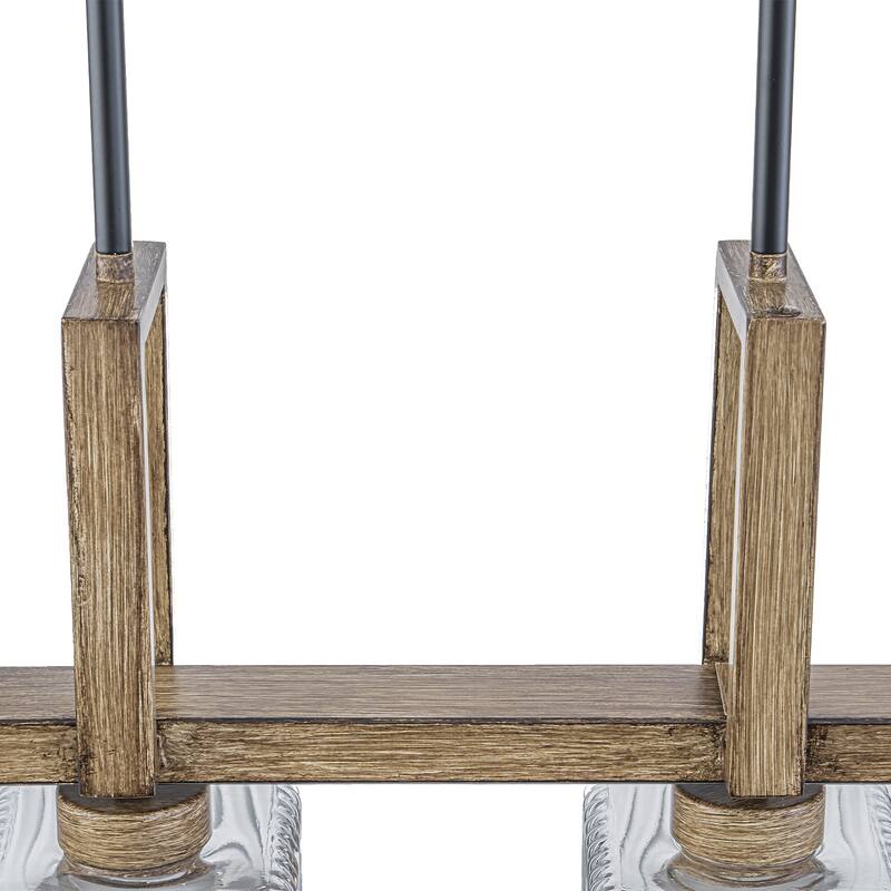 4-Light Faux Wood Linear Island Chandelier with Ribbed Glass Shades - Dia.30.51-in