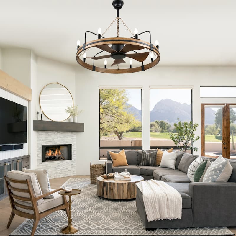 Cusp Barn 36 Inch Rustic Wagon Wheel Ceiling Fan with Light and Remote, Industrial 6 Speeds Fandelier Ceiling Fan for Bedroom