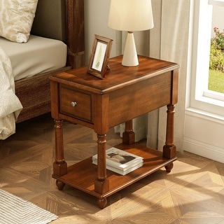 Vintage Solid Wood Narrow End Table with Drawer and Storage Shelf - Bed ...